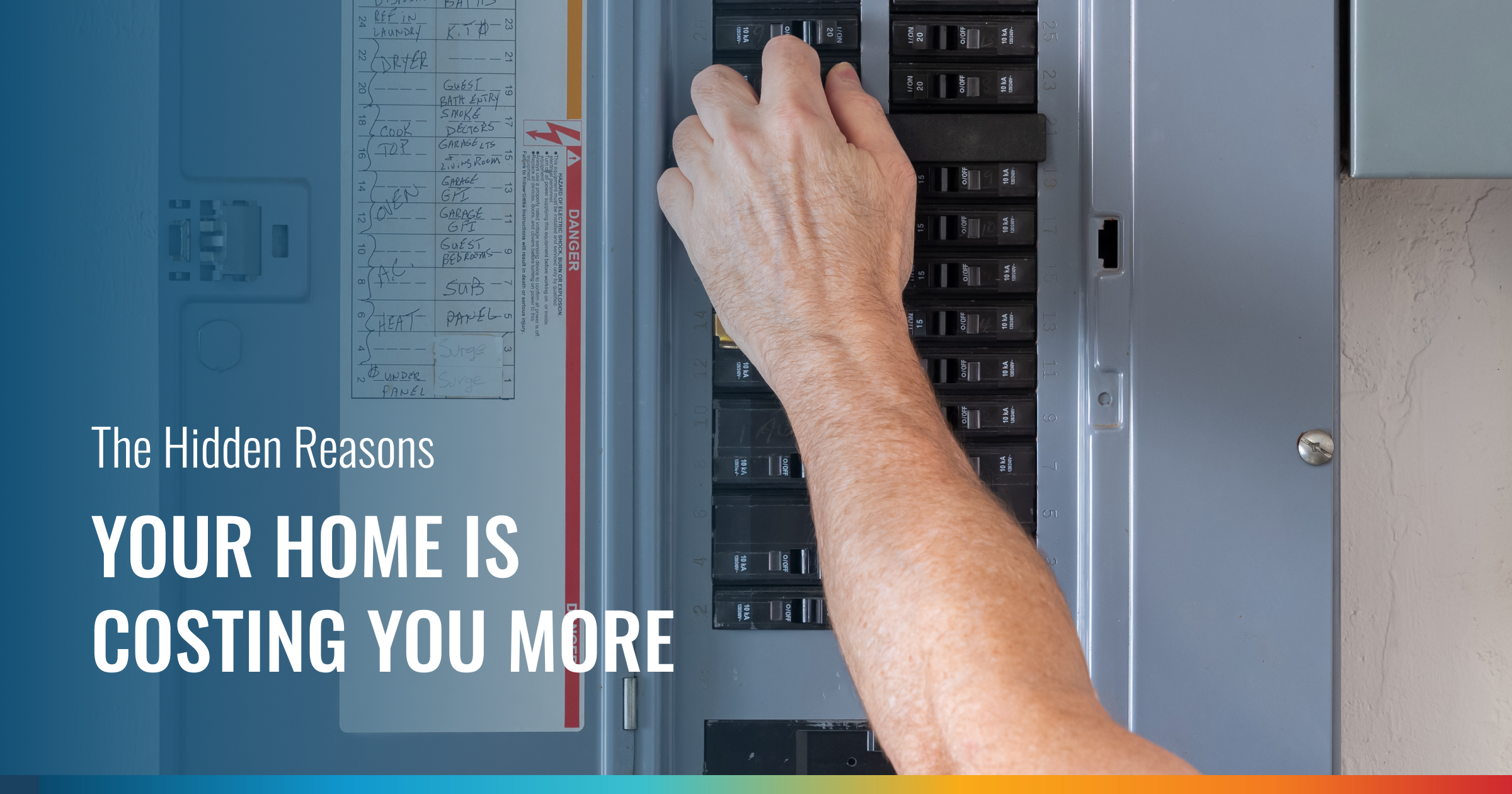 A hand flips a switch inside a gray electrical breaker panel. Text overlay reads: "The Hidden Reasons YOUR HOME IS COSTING YOU MORE."
