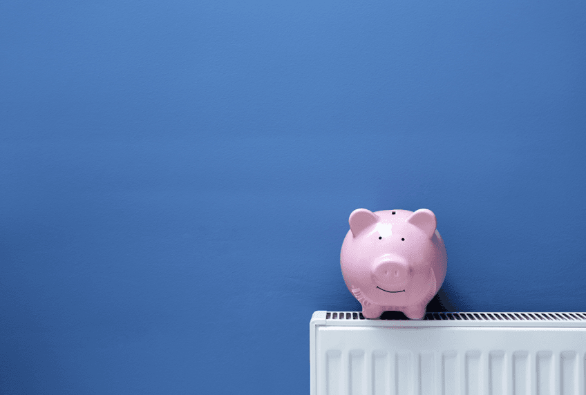 Pink piggy bank in front of blue wall